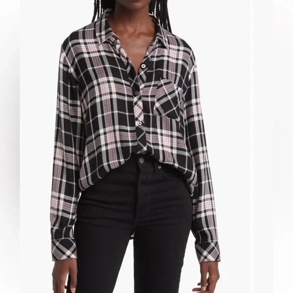 Rails Hunter Long Sleeve Plaid Flannel Button Down Shirt Onyx Rose Gold XS - Picture 1 of 7
